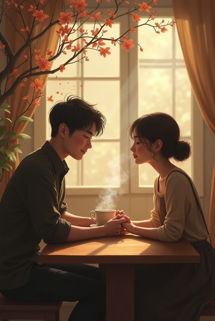 "Image prompt: A man smiling fondly as he recalls a memory, seated at a table with a woman in a nostalgic tea shop setting