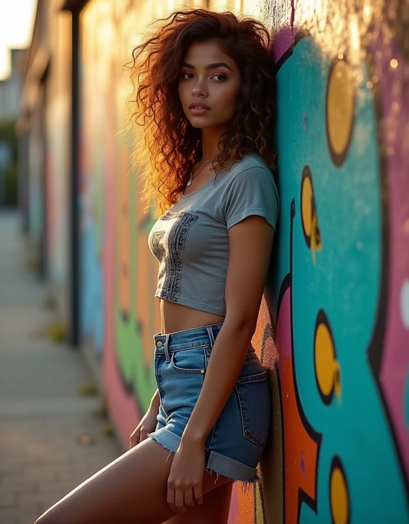 Style the model in high-waisted denim shorts paired with a fitted, cropped graphic tee. Position her leaning casually against a vibrant graffiti wall with one leg crossed over the other, her body angled slightly to create a natural, relaxed pose. Use golden hour sunlight to bathe her in a warm, flattering glow, with a reflector positioned to soften any harsh shadows and illuminate her features, enhancing the overall urban, confident vibe.