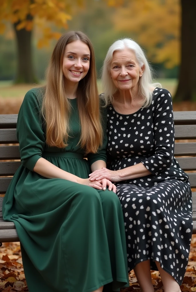 Create a realistic image of a 20 year old woman, long blonde hair, blue eyes, cheekbones, ((full body)),
 dressed in green colored dress, black colored shoes, with his mother who is dressed in a black and white colored dress, background image: sitting on a bench, in autumn, from head to toe, body whole, hyper realistic photo