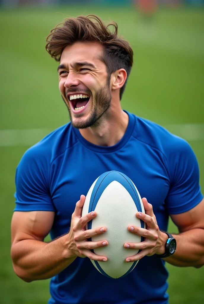 Picture of an extremely handsome 1 young man, very beautiful, marked jaw, blue eyes, laughing, dark brown hair, big, Rugby player, with a blue rugby uniform, and a rugby ball in his hands, in the background a rugby field