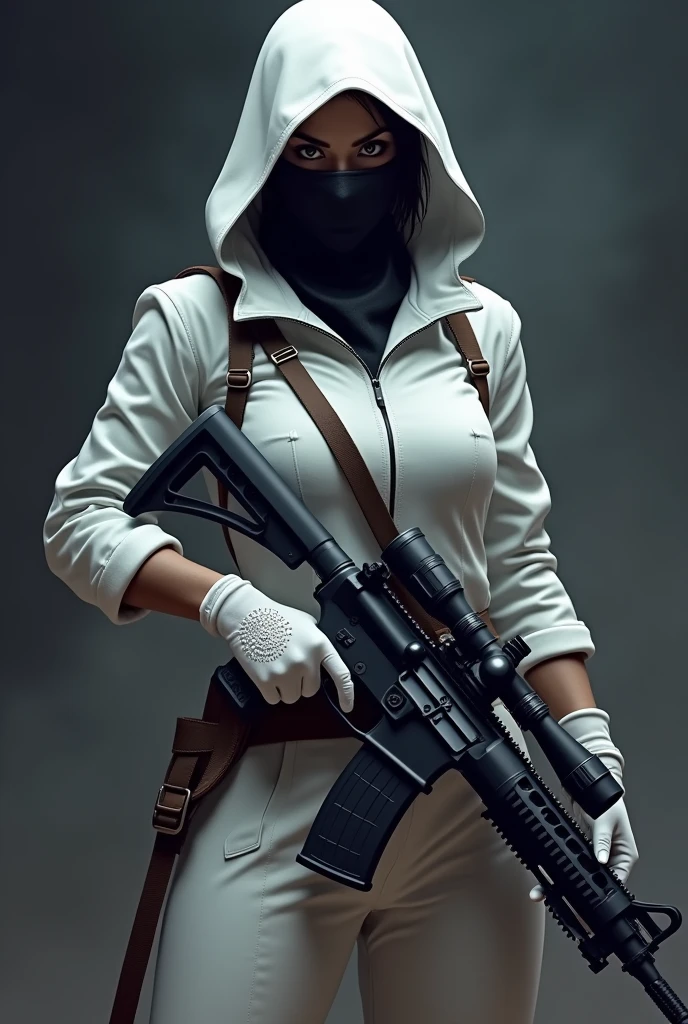I want a free fire player style image, a woman in white clothing with a sinister confidence with a hood and mask with an air of intensity, with black image background, with a confident pose with a rifle in his hand.
