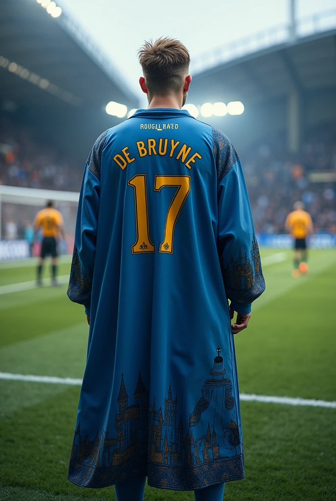 Kevin de bruyne, backside, jersey number 17, manchester city, wearing hogwarts robes, ravenclaw, football field, quidditch