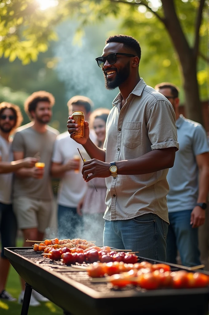 A photo of a black man of approximately 30 years old in front of a barbecue grill. he's handsome, he has a beard and wears sunglasses. A barbecue skewer in one hand and a can of beer in the other hand. Further back in the photo, a group of friends watch this man with admiration. Friends are eating barbecue meat on skewers.