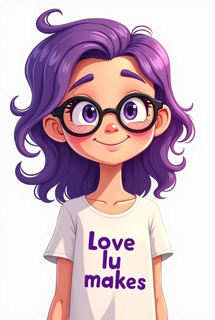 Cartoon of a smiling girl with purple hair and glasses wearing a white blouse with the words Love Lu makes in purple
