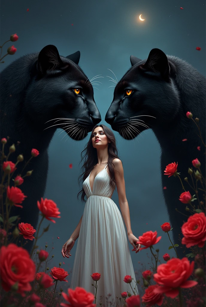 two beautiful and mysterious black panthers staring at each other with a piercing gaze one night. in the middle of them, Aphrodite, the mythological goddess of beauty and love. quero que Aphrodite esteja em sua versão mais intensa, passionate, sensuous, angelic and charismatic! quero Aphrodite em sua versão original, looking mythological even. quero que Aphrodite esteja acariciando as panteras e quero as panteras bem penetrantes, but looking forward. I want there to be red roses and red tulips scattered in the air, but mainly on the floor. tanto Aphrodite quanto as panteras precisam estar numa versão mais intimidadora. Aphrodite e as panteras tem que estar de pé. Aphrodite tem que estar com cabelos castanhos escuros e lisos, brown dark eyes, rosy cheek and red mouth. Aphrodite tem que estar com unhas vermelhas. as panteras tem que estar olhando para o mesmo lugar que Aphrodite olha. the image has to exude mystery, grandeur and sweetness at the same time. Aphrodite tem que estar de roupa branca e a noite tem que estar escura e estrelada. Aphrodite tem que estar atrás das panteras de alguma forma que ela apareça entre elas mas tenha uma presença marcante. Aphrodite tem que estar de roupa branca, simple and delicate, típica das deusas do Olimpo mas que de alguma forma seja sensuous. the panthers have to take up most of the image. Aphrodite tem que remeter a Grécia antiga. the panthers looking forward. Aphrodite sentada no chão entre as panteras