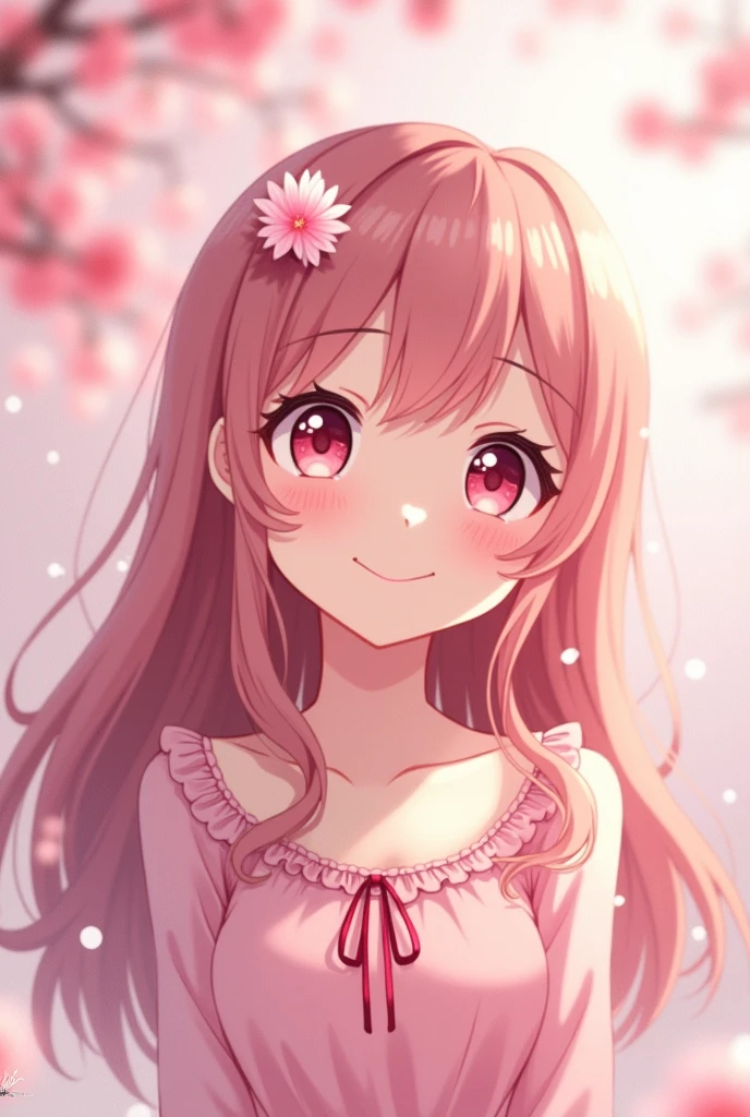 Pink brown hair,Long Hair,Pink Eyes,Drooping eyes,Pink Dress,cute,Anime Style,daughter,1,cherry blossoms,snow