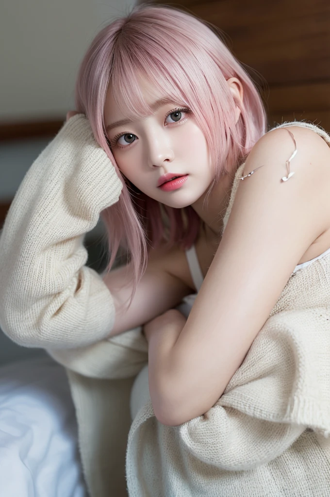 The pieces fly, Highest quality, figure, Very detailed, The finer details, High resolution, 8k,wallpaper, Perfect dynamic composition, Beautiful attention to detail, White camisole,Short Bob Hair、Pink Hair Color,Big Natural Color Lip, Bold sexy pose, Cold Stare, 20-year-old girl、Cute type、Good Eyes、Sleeping in bed、Hold your head、Simple Background