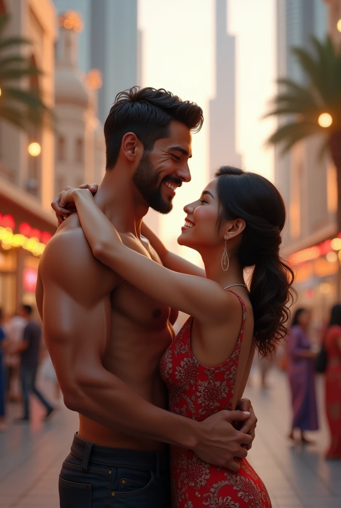 Drawing Latin man and Asian woman in United Arab Emirates hugging