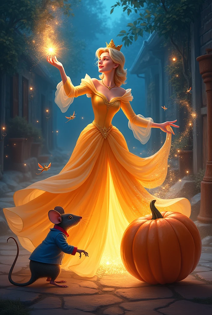 Cinderella's Fairy Godmother transforming a pumpkin into a carriage, mice into horses, and a rat into a coachman.