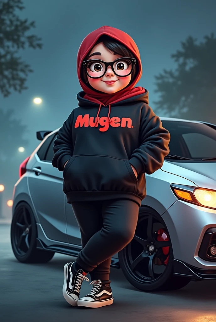 cartoon large fat chubby girl with glasses, dark red hijab, black hoodie with mugen word in red, black joher pants, hi-cut black white vans shoes, leaning on sporty modified silver honda jazz gk5 rs 2018 model at night foggy weather