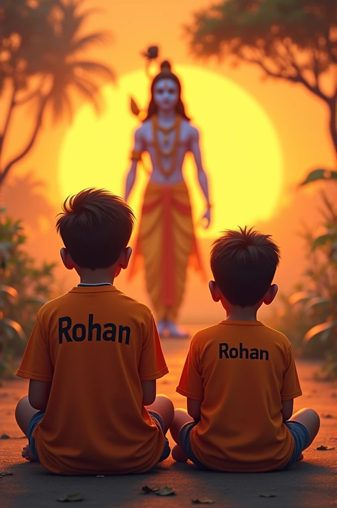 create realistic high quality image where a 2 Indian boy sitting & praying ahead to Lord Krishna ji, boy wearing saffron t-shirts on which name “ROHAN” is written boldly, beautiful background, sunrise, devotional atmosphere, make sure name should be visible & correct. The boy must be slightly beared like Virat kohli and normal hairstyle just like virat Kohli
