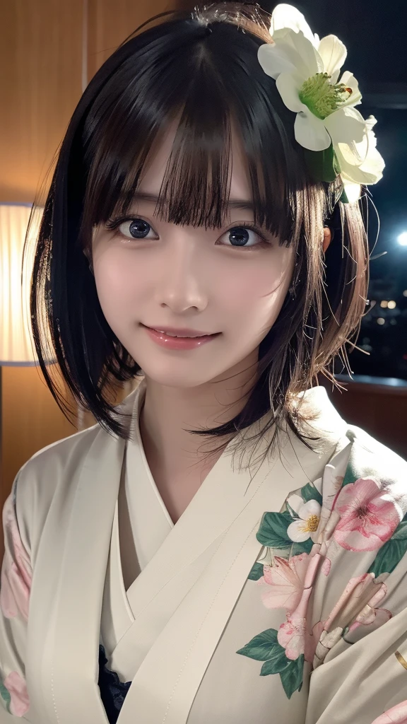 ((masterpiece, Highest quality, High resolution)), Japanese high school girl、(Realistic: 1.4), A shy smile、Closed Mouth、Shut your mouth.、Great face,Glossy lips、, short hair, (Beautiful Hair:1.5), (Flower pattern kimono、No underwear、Flower Hair Ornaments、Beautiful legs)、At night、In the hotel room、Staring、Angle from the front、Smooth, Highly detailed CG composite 8K wallpaper, High resolutionのRAWカラー写真, Professional photography, Light, BackLight, impressive, Written boundary depth, (Face close-up:1.4)