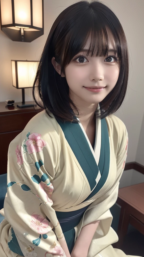 ((masterpiece, Highest quality, High resolution)), Japanese high school girl、(Realistic: 1.4), A shy smile、Closed Mouth、Shut your mouth.、Great face,Glossy lips、, short hair, (Beautiful Hair:1.5), (Flower pattern kimono、No underwear、Flower Hair Ornaments、Beautiful legs)、At night、In the hotel room、Staring、Angle from the front、Smooth, Highly detailed CG composite 8K wallpaper, High resolutionのRAWカラー写真, Professional photography, Light, BackLight, impressive, Written boundary depth, (Face close-up:1.4)