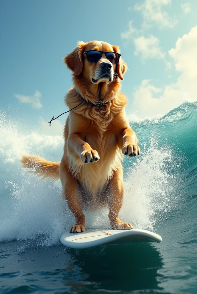 Golden Retriever、Surfing in the sea、Realistic fur、Realistic、raw、Photorealistic、Super detailed、high resolution、high quality、High resolution、In the midst of the big waves、sunglasses、Handstand、