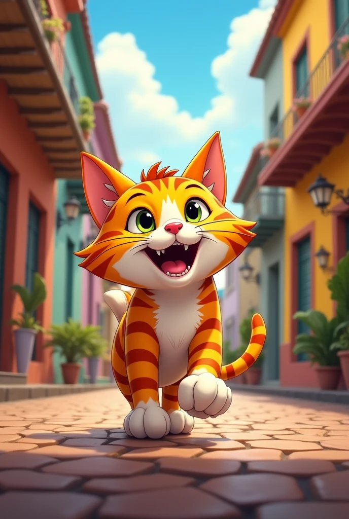 Create an image of a cat with white and orange stripes walking through the streets of Recife Antigo. The image will be in the 90s Disney style