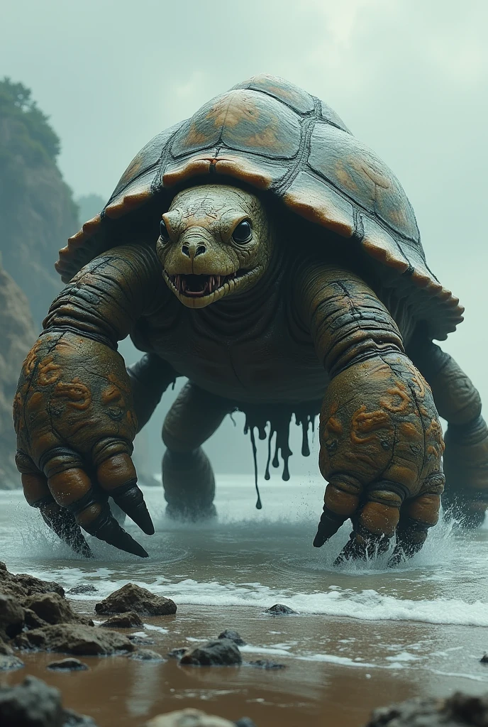 Monster turtle mixed with crab out of water with average height
