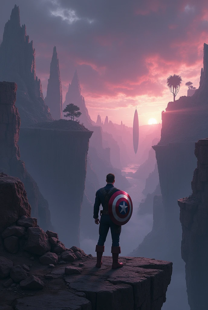 Clareza e Especificidade no Prompt: Captain America is positioned in the foreground, standing on the edge of a crumbling cliff that overlooks a vast, shattered landscape. The scene focuses on his reflective pose as he contemplates the broken fragments of what once was a stable timeline.

Detalhes Visuais: Captain America is shown from a slight side angle, his shield strapped to his back, glowing faintly from the remnants of the Reality Stone’s power. His posture is strong yet weary, with his head slightly bowed as he looks out over the devastated world. The landscape ahead is filled with jagged, floating landmasses, twisted trees, and remnants of past battles—all suspended in mid-air as if frozen in time. The sky is a deep, ominous blend of dark purples and blues, with streaks of light piercing through the clouds, hinting at a potential dawn or the last remnants of a dying world.

Contexto e Composição: The composition centers on Captain America, with the background expanding into a vast, broken world that stretches towards the horizon. The perspective should give a sense of scale, with Captain America appearing small against the immensity of the fractured landscape, highlighting the uncertainty and gravity of the situation.

Atenção ao Ambiente: The environment should reflect a world on the brink of collapse. The ground beneath Captain America is cracked and uneven, with small fragments of earth hovering slightly above the surface. In the distance, floating islands of land and debris drift aimlessly, connected by thin, glowing threads of temporal energy. The atmosphere is heavy, with swirling clouds above, and the distant glow of a setting or rising sun casting long shadows across the terrain.

Referências Emocionais: The atmosphere is melancholic and reflective, filled with a sense of loss and contemplation. Captain America’s stance is firm but conveys the weight of his thoughts as he faces an uncertain future. His expression is solemn, his eyes fixed on the horiz