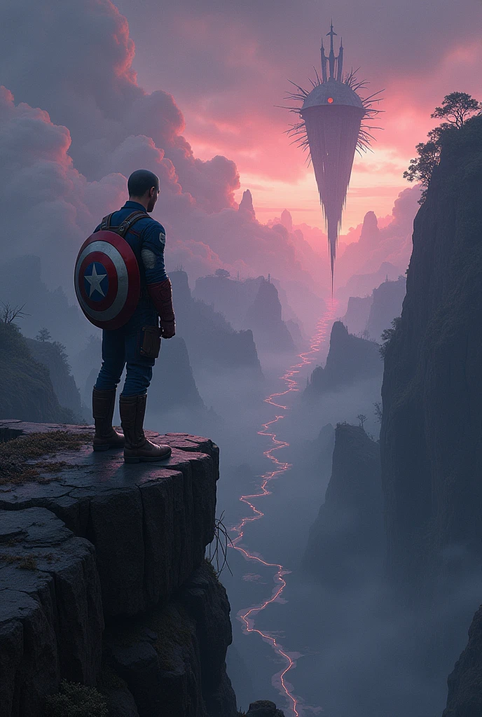Clareza e Especificidade no Prompt: Captain America is positioned in the foreground, standing on the edge of a crumbling cliff that overlooks a vast, shattered landscape. The scene focuses on his reflective pose as he contemplates the broken fragments of what once was a stable timeline.
Detalhes Visuais: Captain America is shown from a slight side angle, his shield strapped to his back, glowing faintly from the remnants of the Reality Stone’s power. His posture is strong yet weary, with his head slightly bowed as he looks out over the devastated world. The landscape ahead is filled with jagged, floating landmasses, twisted trees, and remnants of past battles—all suspended in mid-air as if frozen in time. The sky is a deep, ominous blend of dark purples and blues, with streaks of light piercing through the clouds, hinting at a potential dawn or the last remnants of a dying world.
Contexto e Composição: The composition centers on Captain America, with the background expanding into a vast, broken world that stretches towards the horizon. The perspective should give a sense of scale, with Captain America appearing small against the immensity of the fractured landscape, highlighting the uncertainty and gravity of the situation.
Atenção ao Ambiente: The environment should reflect a world on the brink of collapse. The ground beneath Captain America is cracked and uneven, with small fragments of earth hovering slightly above the surface. In the distance, floating islands of land and debris drift aimlessly, connected by thin, glowing threads of temporal energy. The atmosphere is heavy, with swirling clouds above, and the distant glow of a setting or rising sun casting long shadows across the terrain.
Referências Emocionais: The atmosphere is melancholic and reflective, filled with a sense of loss and contemplation. Captain America’s stance is firm but conveys the weight of his thoughts as he faces an uncertain future. His expression is solemn, his eyes fixed on the horiz