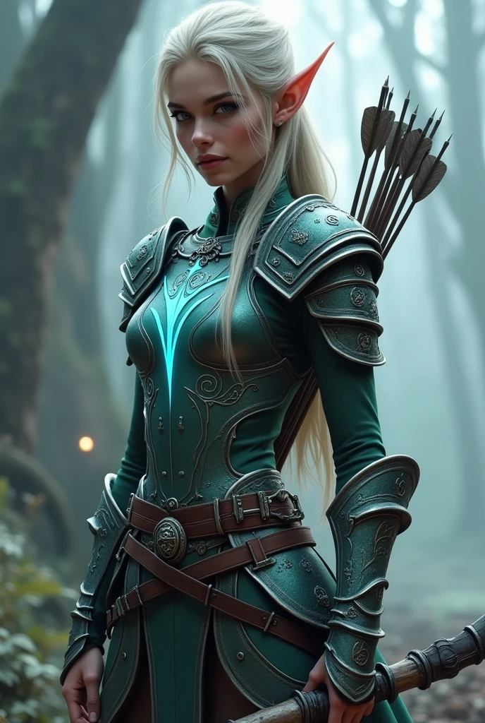 A fantasy-themed an elf-like female warrior in full view wielding a large Bow with a glowing orange Bowstring. ornate armor is adorned with glowing blue runes around the chest, shoulders, and waist. A quiver of arrows is slung over her left shoulder.