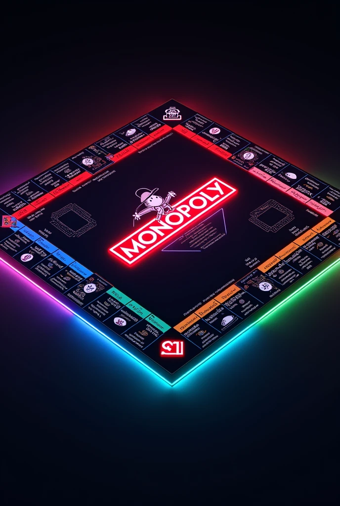 "Generate an ideogrammatic image of a Monopoly board with the following characteristics:
Measurements: 50 x 50 cm.
Background: Solid black, following the style of the Monopoly Super Electronic Bank, with an elegant and modern design.
Colors:
Property colors: Distribute the colors of the properties according to the original Monopoly colors. Use the traditional colors for the different categories of properties:
Purple for the cheapest properties.
Light blue for mid-level properties.
Pink for mid-value properties.
Orange for higher value properties.
Red for high value properties.
Yellow for the most expensive properties.
Green for luxury properties.
Blue for the most expensive properties.
Additional colors: Use bright colors such as neon green, dark pink, and other vibrant shades on the separation lines and borders for a neon and modern effect.
Board design: Inspired by the classic Monopoly model but with a modern twist and the Monopoly Super Electronic Bank style. Each square on the board must be clearly outlined with neon lines in the specified colors, and the edges must be bright and shiny.
Street names and other text: All names and text must be in Spanish. Distribute the names of the avenues according to their importance and relevance:
28 de Julio Avenue
3 de Octubre Avenue
Talavera Plaza
Confraternidad Avenue
San Martin Street
Cinco Esquinas Street
Mariano Quintana Street
Manco Capac Avenue
Industrial Avenue
Andahuaylas Avenue
Arequipa Street
Apurímac Street
Talavera Plaza
Hualalachi Avenue
Jose Maria Arguedas Square
Lampa de Oro Square
Pampachiri Street
Ramon Castilla Street
Lazaro Carrillo Avenue
Los Chankas Avenue
Pedro Casafranca Avenue
Sesquicentennial Avenue
Special Spaces: Includes all the classic Monopoly spaces, such as:
Communal Ark and Casualty spaces.
Railroad spaces.
Utility spaces (such as Electric Company and Water Company).
Luxury Tax and Income Tax spaces.
Logo: Use the original Monopoly logo in the corner of the board or in a prominent location.