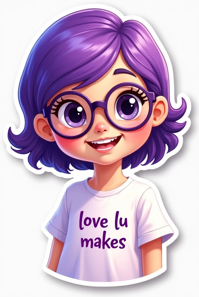Cartoon sticker of a smiling girl with purple hair and glasses wearing a white blouse with the words Love Lu makes in purple
