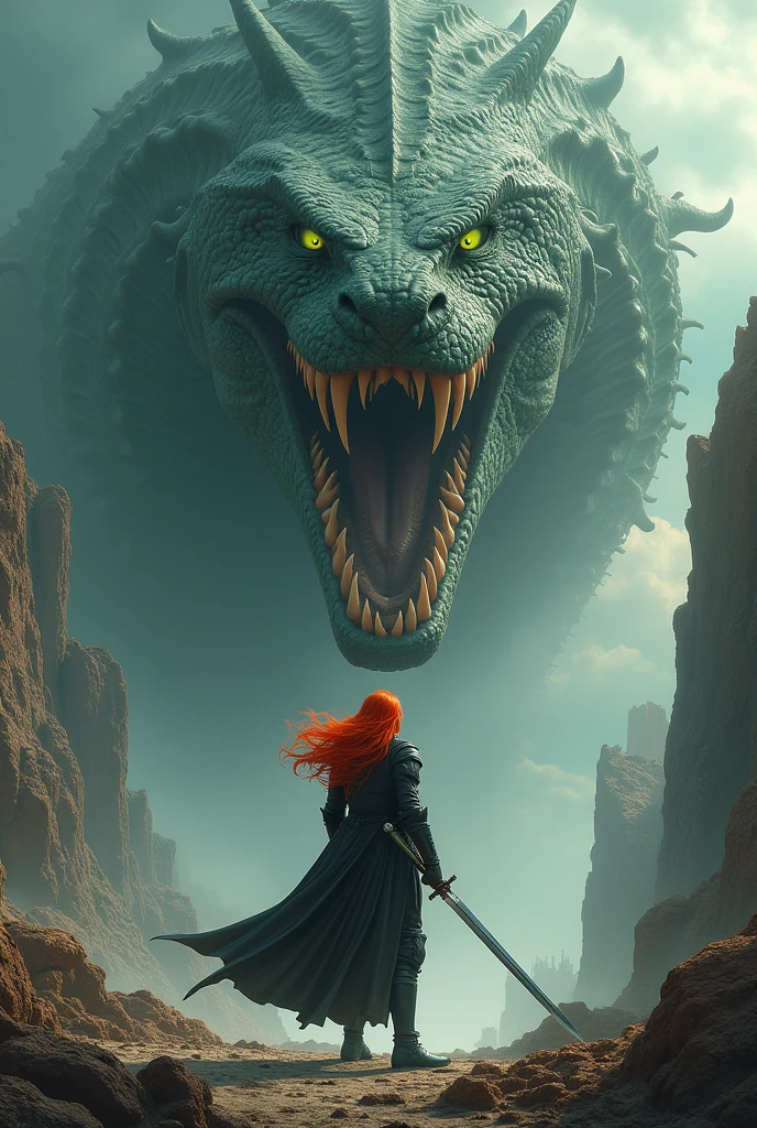 Red-haired swordsman looking at a large green-eyed serpent with huge teeth and iron scales