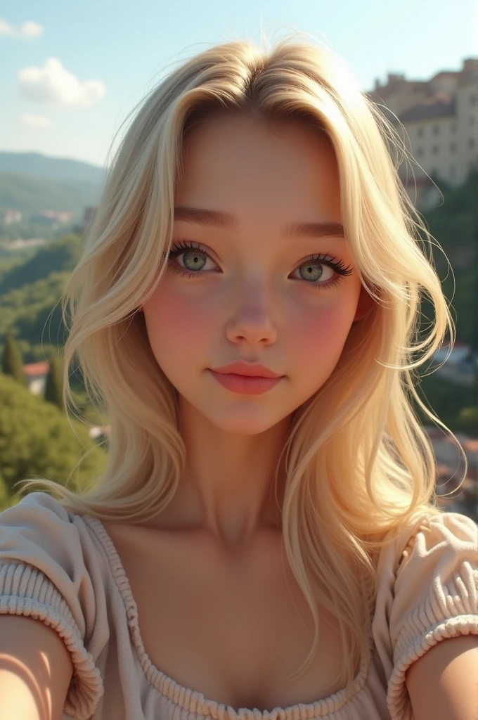 normal girl, cute, selfie, blonde realistic smooth white hair italy