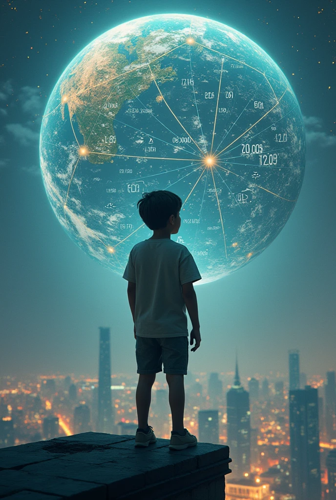 A boy see the earth as a mathematical equation at the top of building 