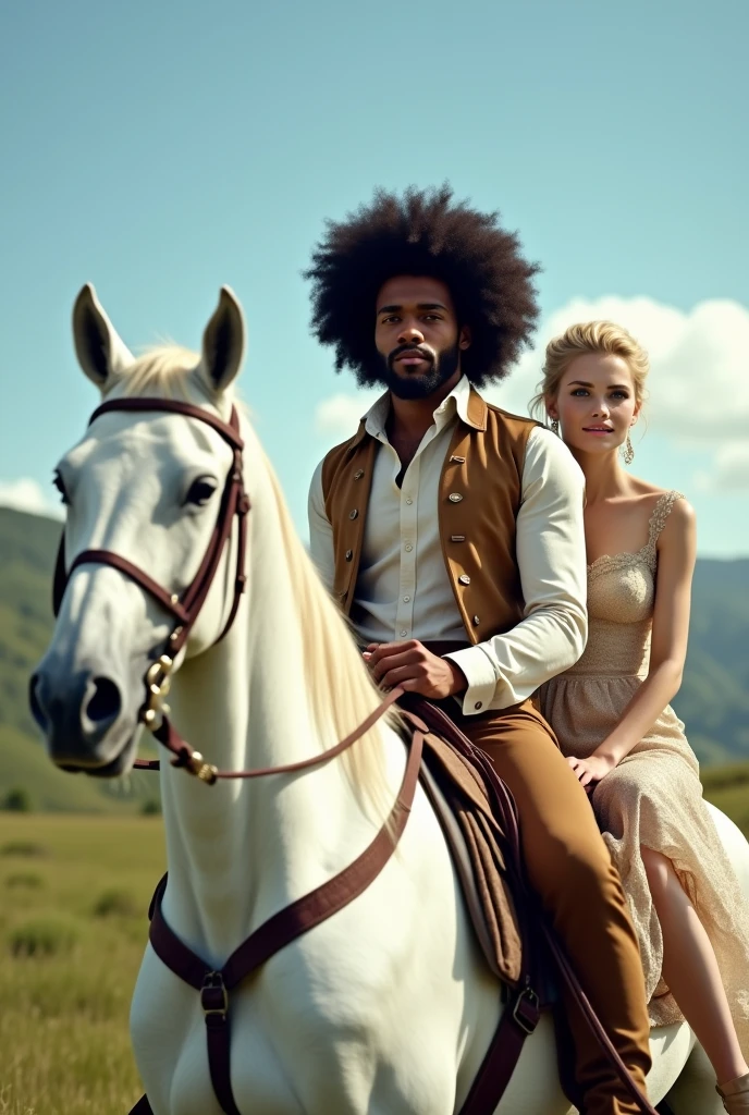 Photo of a young black man with afro hairstyle, with a young blonde with blue eyes, riding a beautiful white horse.