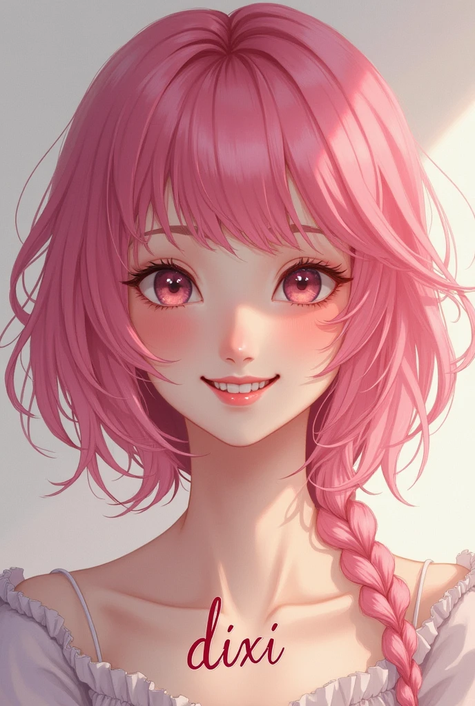 avatar a girl with pink hair with a beautiful smile, the Dixi inscription in the middle