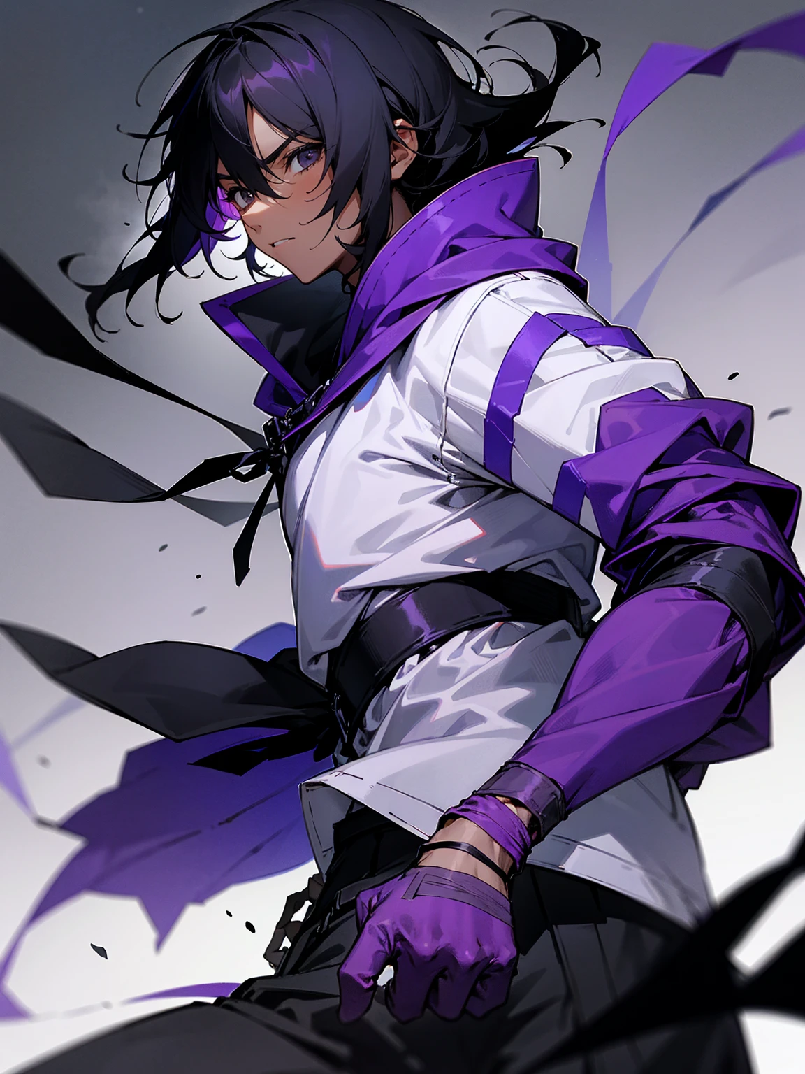 1male, young, black eyes, black hair, medium length hair, tied to the back, darkskin, black bandages on arms, purple gloves, purple yukata, black sweatshirt, serious,