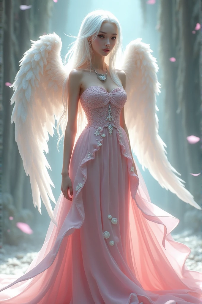 *I have floor length white hair, a small wings behind my ears and 4 wings on my back strapless bodice and long skirt pink,embroidered with cloud patterns and hearts necklace*