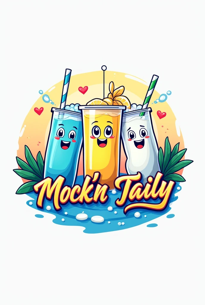 Create me logo for a business called mock'n taily featuring this 3 drinks Blue lagoon, Lemon Yakult cooler and Yakult Dutchmilk, make it Summer vibes, and make it more cartoonish but catchy. Plss, and make it more girly vibes and emphasize the business name make it cursive calligraphy, make it cute