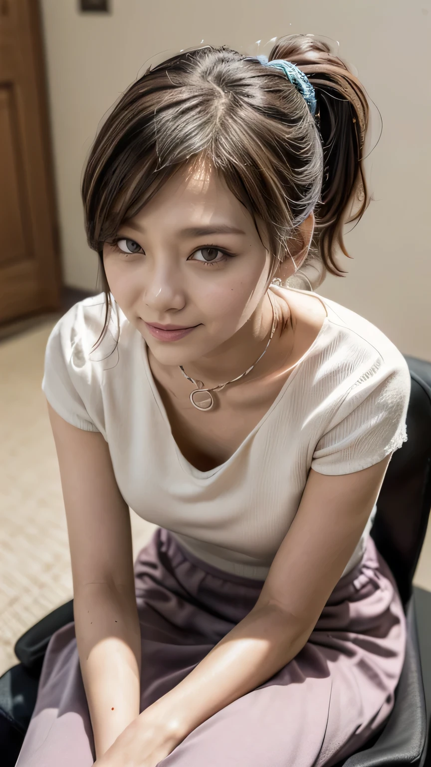 (Woman sitting on chair in office:1.3、Working)、(Realistic、Like a photograph、Live Action、8k, Realistic, RAW Photos, Best image quality: 1.4), Single-lens reflex camera、RAW Photos, Highest quality, Realistic, Very detailed CG Unity 8k wallpaper, Written boundary depth, Cinematic Light, Lens flare, Ray Tracing, Realistic background、(Frilled blouse:1.2、(Wearing a tight, long skirt:1.5、Small breasts、Small breasts)、((Wear a name tag around your neck)))、((Ultra-dense skin))、 Working Japanese Office Lady、((whole body:1.5),View the computer:1.1、smile、(Medium Hair、Short Ponytail:1.3)、I like that style、stylish、Very detailed、Pay attention to the details、Perfect outfit、(Sunburned skin)、Beautiful legs:1.1,Anatomically correct body、Accurate Fingers、Sitting、(View from above、View from the seat next to you)