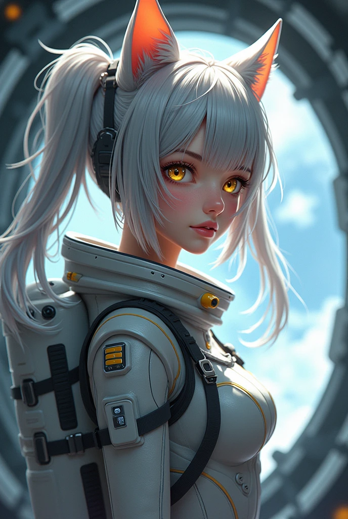 masterpiece, best quality, 1girl, spacecraft interior, spacesuit, upper body, from side, science fiction, yellow eyes, twintails, silver hair, cat ears, looking at viewer,