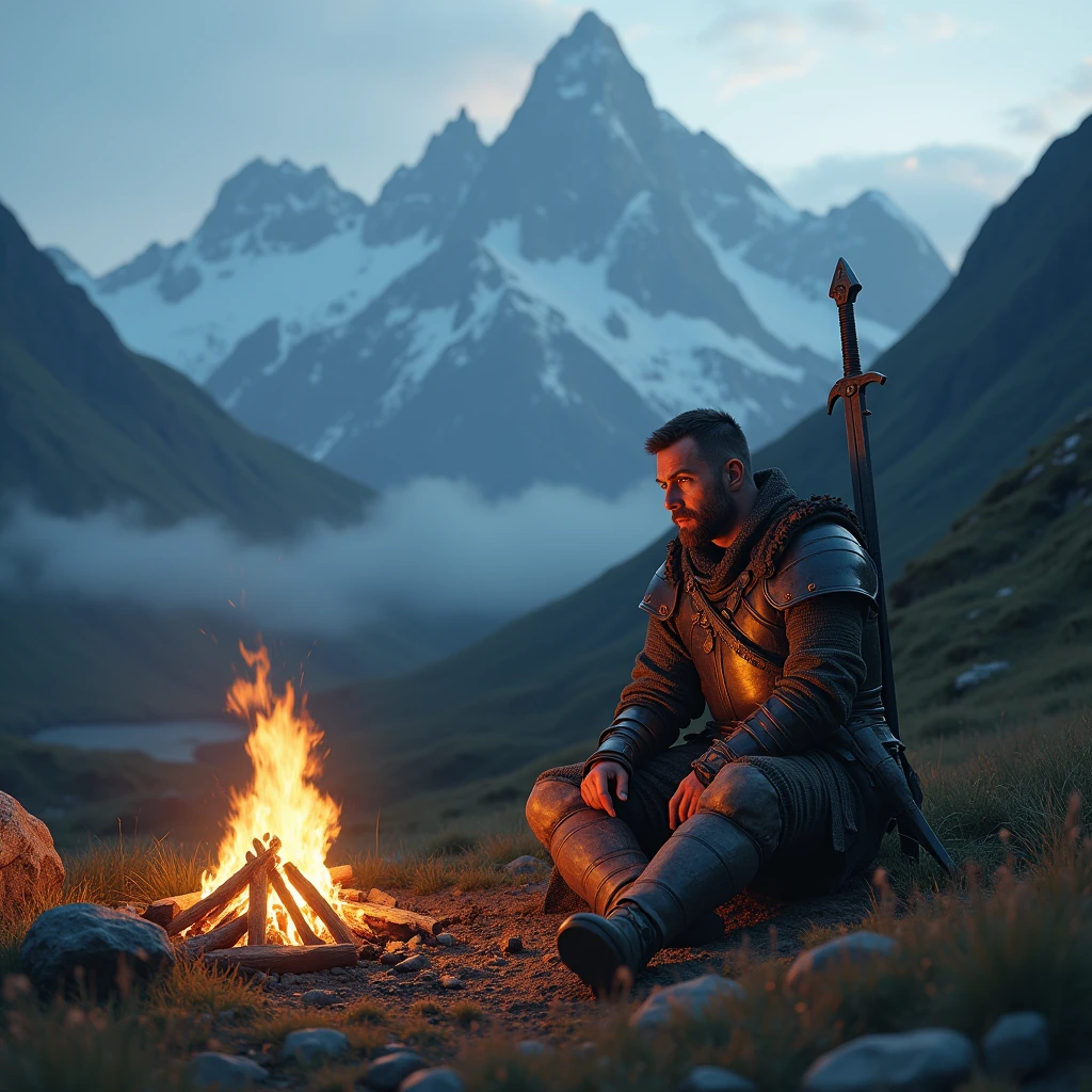medieval soldier sitting near a campfire, natta, in the background with mountains