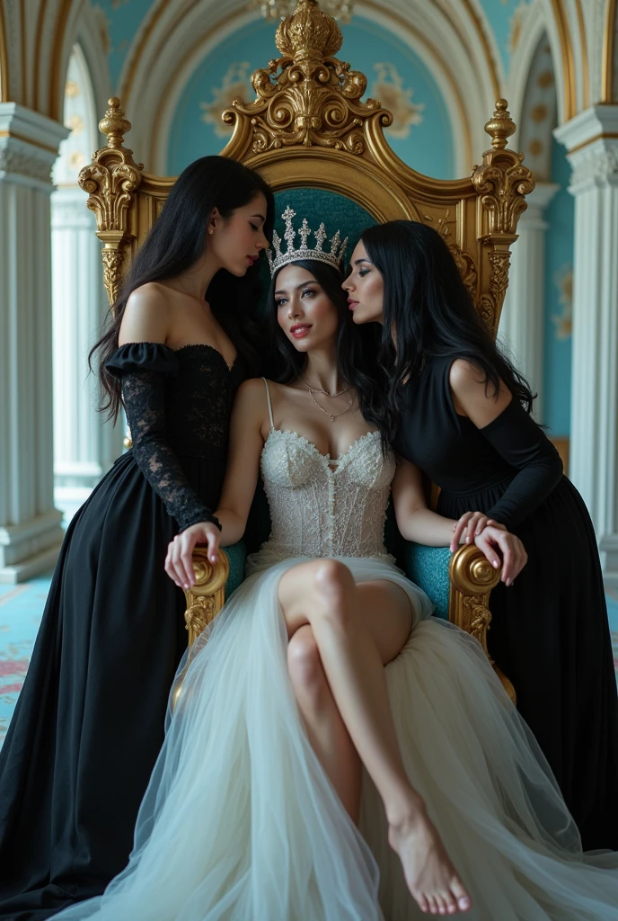 a sexy queen seated in a throne, Ana de Armas, white skin and very long straight black hair, white silk mesh clothing, tiara, expression with a malevolent smile, open legs, malevolent smile, a sexy maid standing next to the queen, wearing topless and black skirt, gives her a kiss on the cheek, one of the maid's hands slips between the queen's breasts