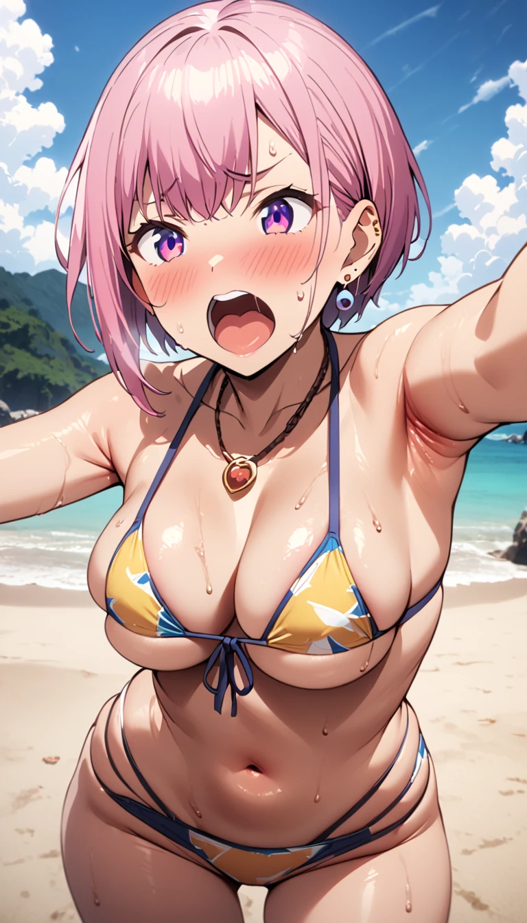 (Highest quality, 4K, 8k, High resolution, masterpiece:1.2), Very detailed, Picturesque, Animated Photography, Photo Animation:1.37)、Japanese girl、(Pink Hair)、(Pixie Cut)、Swimwear、Ecstasy face、Sweat、vapor、Earrings、necklace、bracelet、anklet、Nakano Ichika
