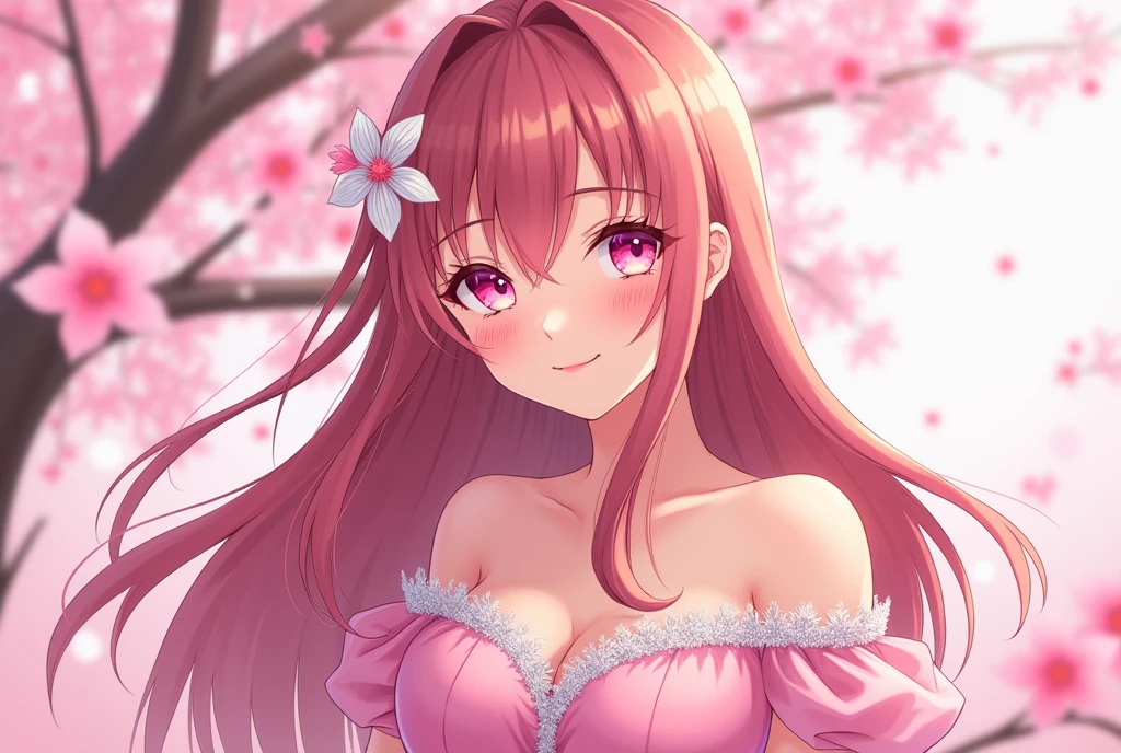 Pink brown hair,Long Hair,Pink Eyes,Drooping eyes,Large Breasts, smile, daughter,pink prom dresses,Anime Style,Moe character,cute,20-year-old,Clear,cherry blossoms