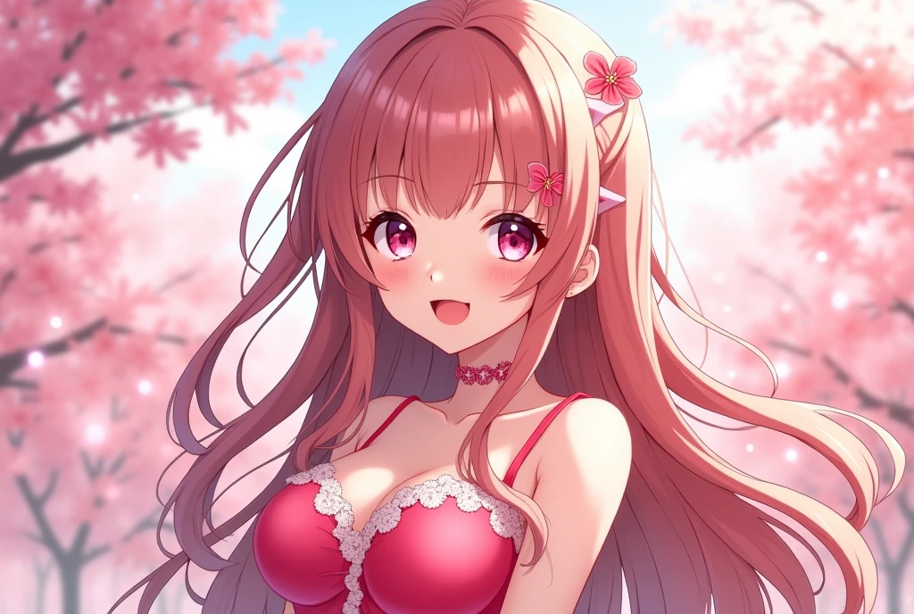 Pink brown hair,Long Hair,Pink Eyes,Drooping eyes,Large Breasts, smile, daughter,pink prom dresses,Anime Style,Moe character,cute,20-year-old,Clear,cherry blossoms