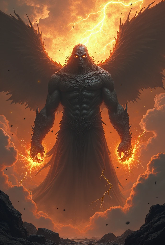 Dark menacing god with fire smoke and lightning around