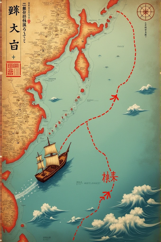 A detailed vintage-style map highlighting the Pacific Ocean with Japan on the left and the west coast of America on the right. A traditional wooden ship sails along a dotted red line representing the journey from Japan to America. The map is aged, with faded colors and worn edges, featuring old Japanese handwritten notes, stamps, and a compass rose in the corner to enhance the historical feel. In the background, soft, swirling clouds and ocean waves add a sense of adventure and movement.