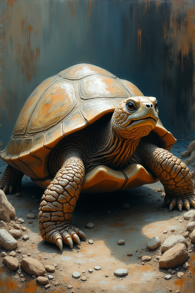 A rough oil painting of a persevering and faithful turtle