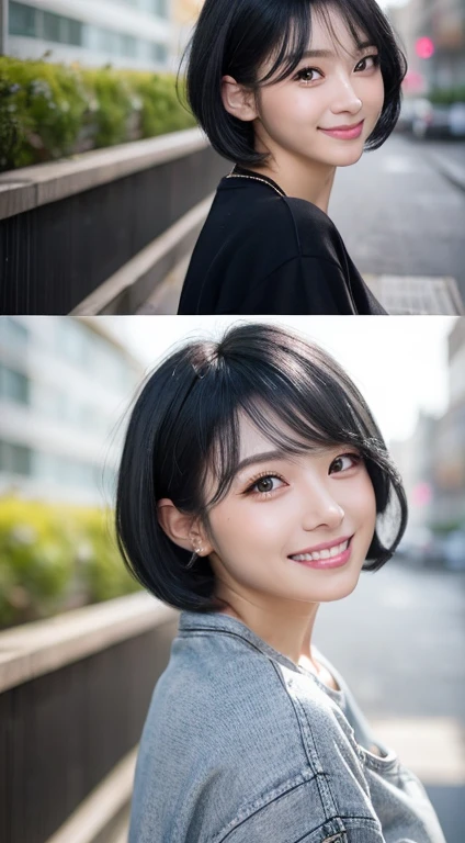 Happy smile seeing this、In the city、(Highest quality,8K quality,masterpiece:1.3,),(Ultra-high resolution:1.3,Realistic:1.4,RAW Photos:1.2),(Very detailed:1.2,Glowing Skin,Detailed skin:1.1),(Detailed face,Perfect Anatomy,Caustics:1.2),,1 person,cute,Japanese,1,Japanese Ido,black hair, [(gradient hair from silver to black:1.4):0.4],Curl short hair outward,cute目,Natural Makeup,bright casual clothes,Laughter,Looking into the camera,On the face,Face Focus,Professional Lighting,Natural soft light,