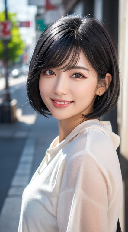 Happy smile seeing this、In the city、(Highest quality,8K quality,masterpiece:1.3,),(Ultra-high resolution:1.3,Realistic:1.4,RAW Photos:1.2),(Very detailed:1.2,Glowing Skin,Detailed skin:1.1),(Detailed face,Perfect Anatomy,Caustics:1.2),,1 person,cute,Japanese,1,Japanese Ido,black hair, [(gradient hair from silver to black:1.4):0.4],Curl short hair outward,cute目,Natural Makeup,bright casual clothes,Laughter,Looking into the camera,On the face,Face Focus,Professional Lighting,Natural soft light,