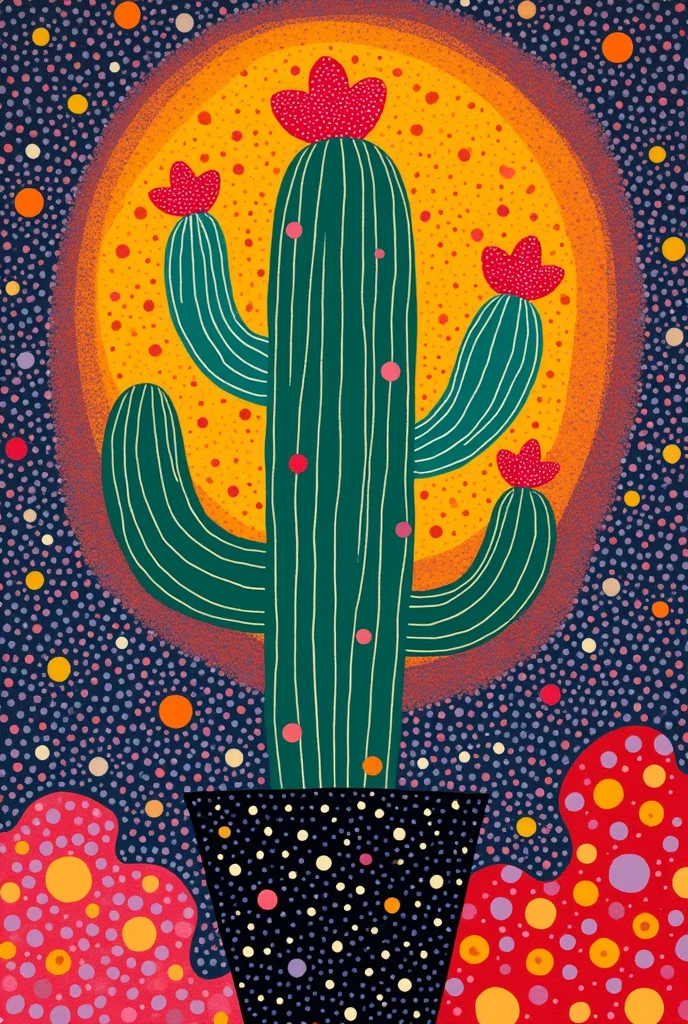 Yayoi Kusama style，An abstract painting，Coronavirus Plant，Pop Art，Dense dots author：Annabel Kidston, Saturated pointillism, cactus, inspired by Yayoi Kusama, inspired by Yayoi Kusama, inspired by：Annabel Kidston, By Pasitha Abad
