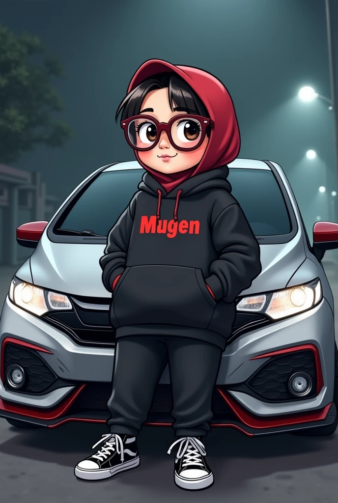 cartoon large fat chubby girl with glasses, dark red hijab, black hoodie with mugen word in red, black joher pants, hi-cut black white vans shoes, leaning on sporty modified silver honda jazz gk5 rs 2018 model at night foggy weather