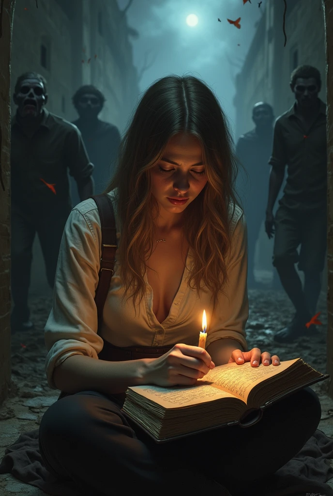 Make a book cover about zombie apocalypse, in the center of the image there should be a woman with light brown hair writing in a diary.