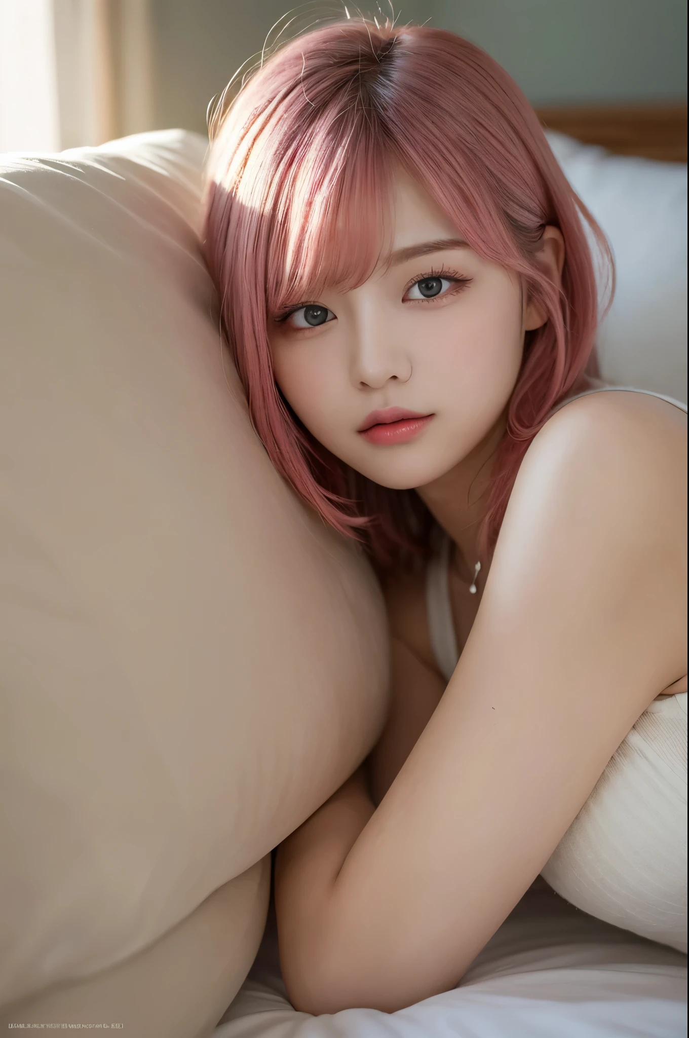 The pieces fly, Highest quality, figure, Very detailed, The finer details, High resolution, 8k,wallpaper, Perfect dynamic composition, Beautiful attention to detail, White camisole,Short Bob Hair、Pink Hair Color,Big Natural Color Lip, Bold sexy pose, Cold Stare, 20-year-old girl、Cute type、Good Eyes、Sleeping in bed、Hold your head、Simple Background