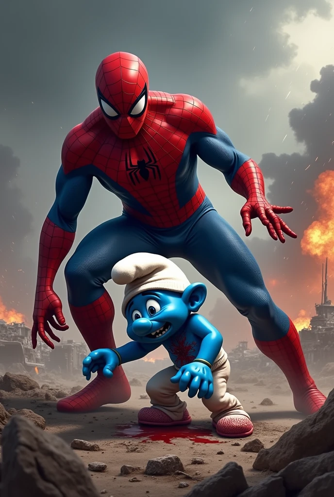 Spiderman beating a bleeding smurf in a war